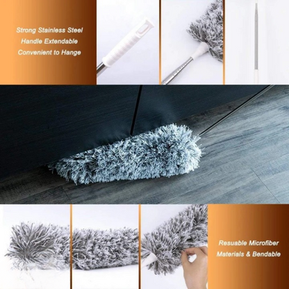 Microfiber Duster with Extension Pole (Stainless Steel) 30 to 100'', with Bendable Head, Extendable Long Duster for Cleaning Ceiling Fan, High Ceiling, Furniture, Cars