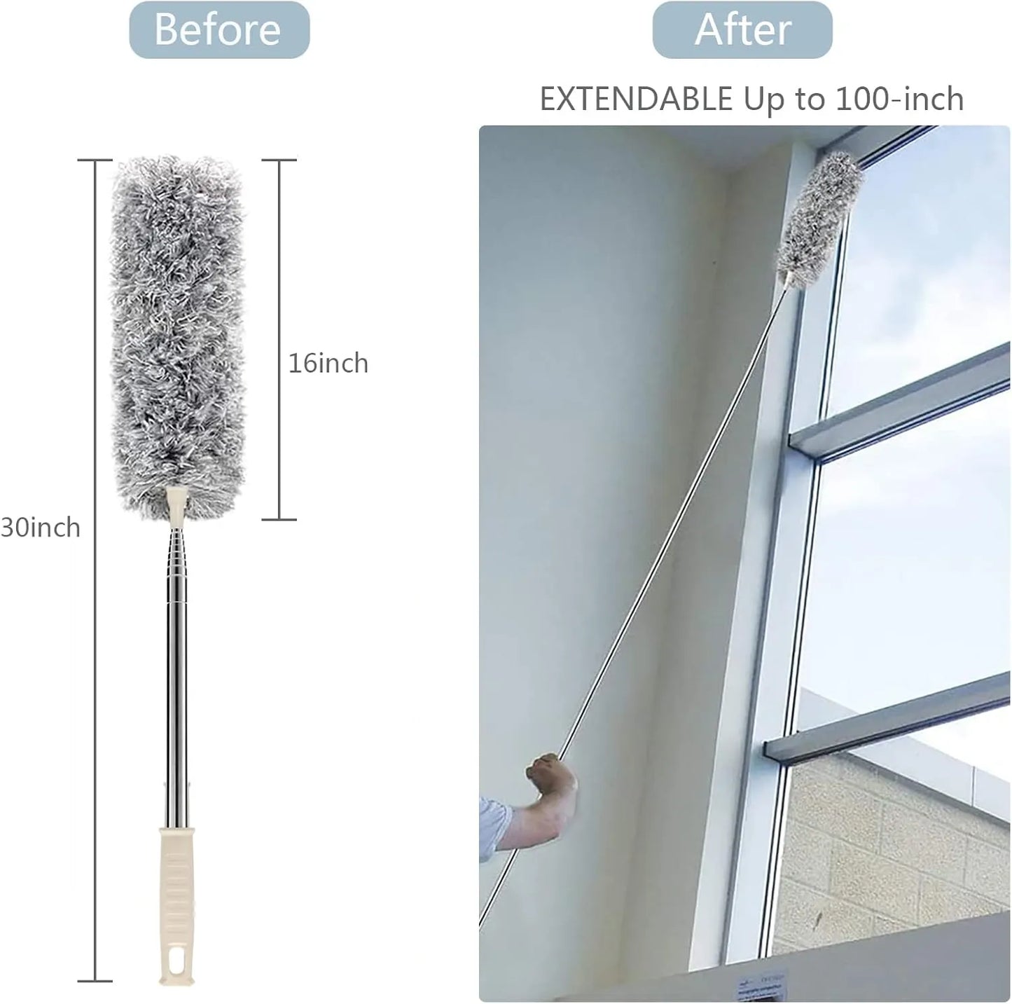 Microfiber Duster with Extension Pole (Stainless Steel) 30 to 100'', with Bendable Head, Extendable Long Duster for Cleaning Ceiling Fan, High Ceiling, Furniture, Cars