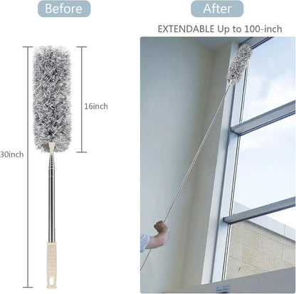 Microfiber Duster with Extension Pole (Stainless Steel) 30 to 100'', with Bendable Head, Extendable Long Duster for Cleaning Ceiling Fan, High Ceiling, Furniture, Cars